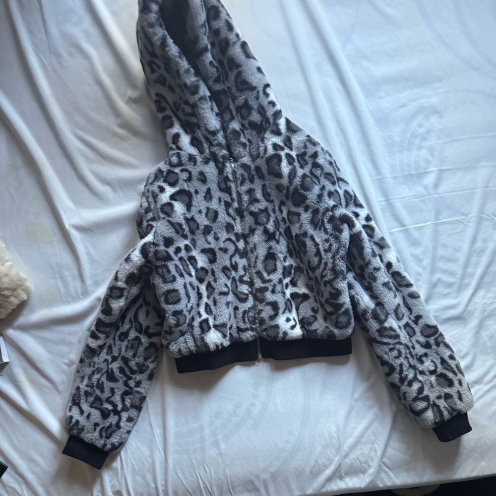 Leopard print faux fur hooded jacket sweater